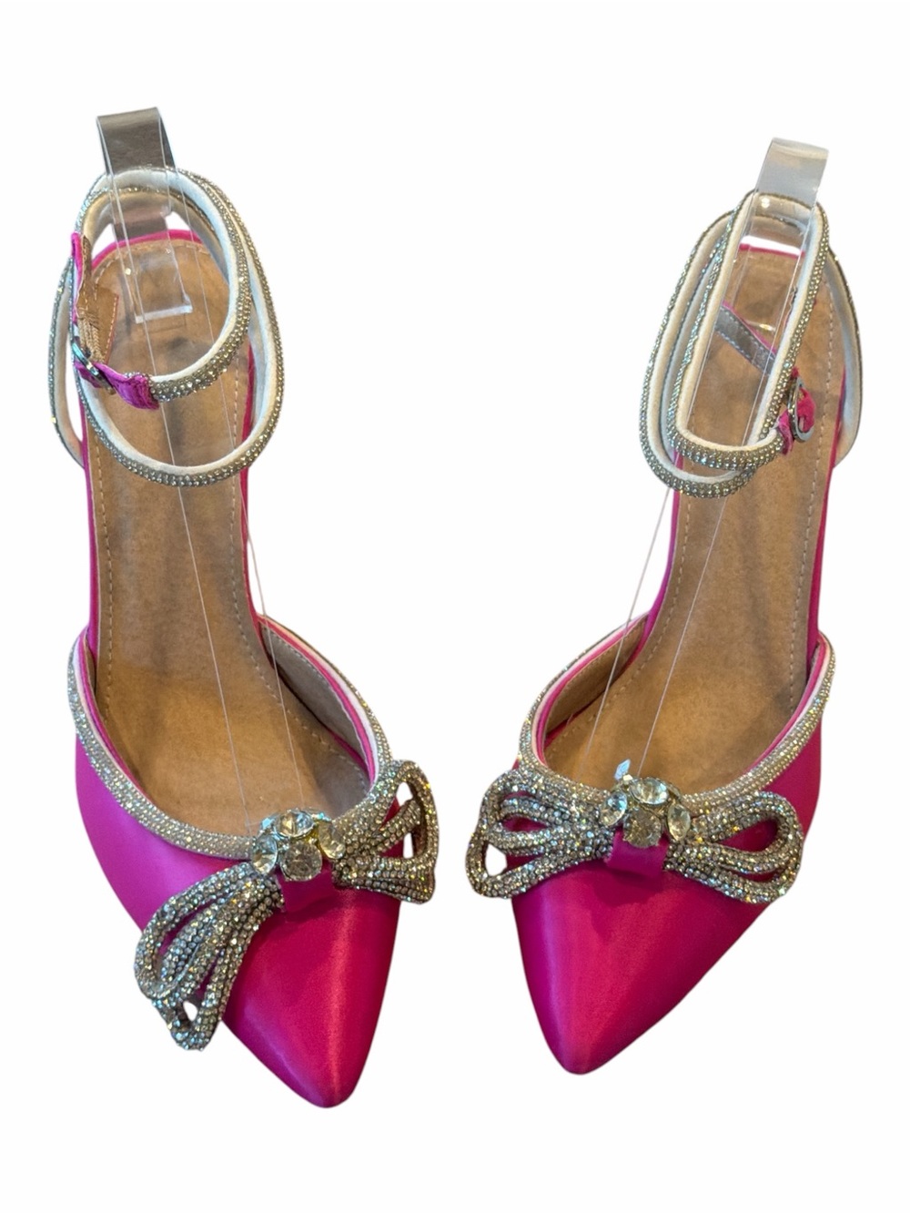 Hot Pink Satin Rhinestone Double Bow Pointed Toe Ankle Strap Heels 8 Like New